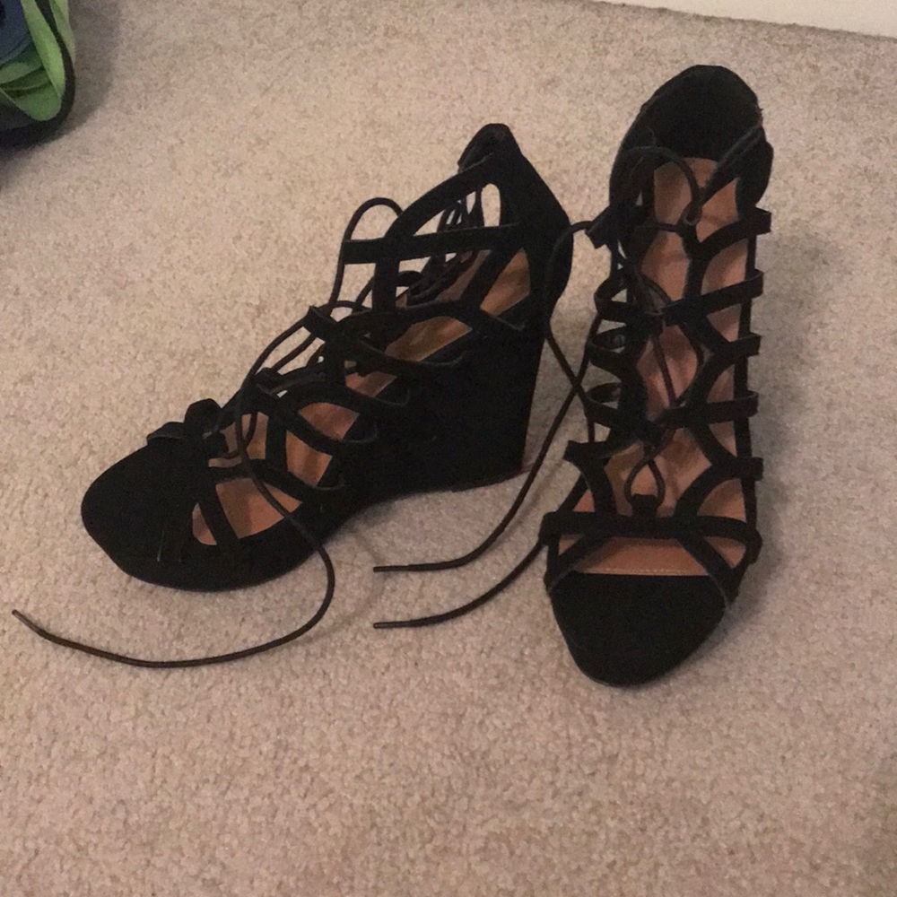 Black lace up wedges